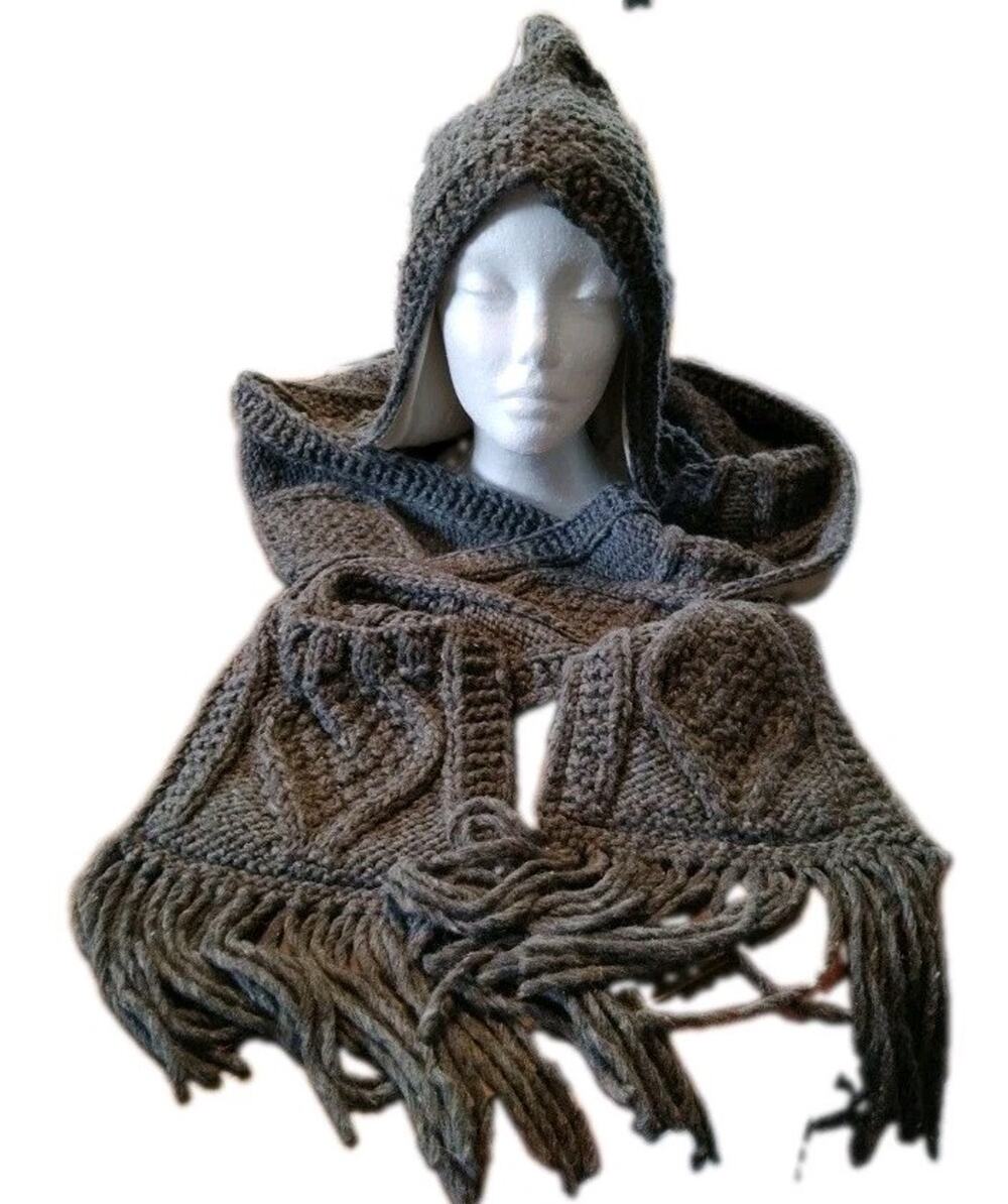Hooded Scarf 100% Alpaca Pockets In Scarf Lined Cable Knit Beautiful Gray